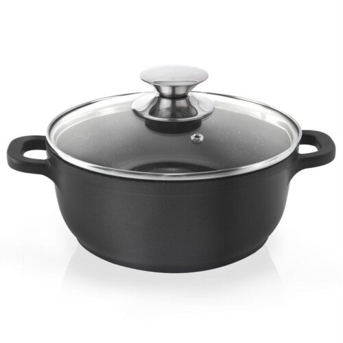 Czarny garnek granitowy o pojemności 4 litrów i średnicy 24 cm, z dwoma uchwytami i szklaną pokrywką z metalowym uchwytem. Pokrywka posiada metalowy rant i otwór na parę.