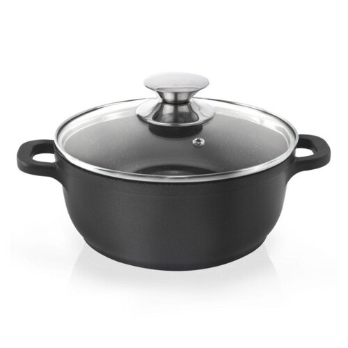 Czarny garnek granitowy z dwoma uchwytami i szklaną pokrywką z metalowym uchwytem, o pojemności 1,4 litra i średnicy 16 cm. Pokrywka posiada metalowy rant i niewielki otwór odpowietrzający.