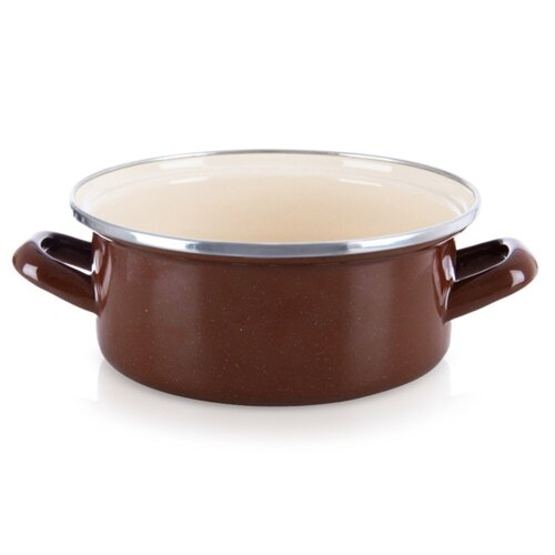 Brązowy garnek emaliowany o pojemności 2,2 litra i średnicy 20,5 cm, z dwoma uchwytami i metalowym rantem. Wnętrze garnka jest w jasnym kolorze.