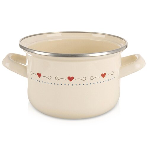 Kremowy garnek emaliowany o pojemności 1,4 litra i średnicy 16 cm, ozdobiony czerwonymi sercami oraz niebieskimi kropkami i falistymi liniami. Garnek posiada dwa uchwyty i metalowy rant.