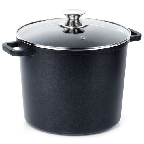Czarny garnek granitowy o pojemności 7,6 litra z dwoma uchwytami i szklaną pokrywką z metalowym uchwytem. Pokrywka ma metalowy rant i niewielki otwór na parę.