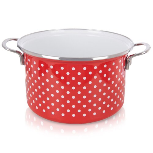 Czerwony garnek emaliowany z białymi kropkami, o pojemności 4 litrów i średnicy 22 cm, posiada dwa metalowe uchwyty. Wnętrze garnka jest białe, a krawędź wykończona metalowym rantem.
