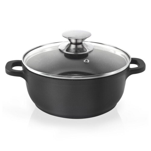 Czarny garnek granitowy z dwoma uchwytami i szklaną pokrywką z metalowym uchwytem, o pojemności 2,3 litra i średnicy 20 cm. Pokrywka posiada metalowy rant i otwór na parę.