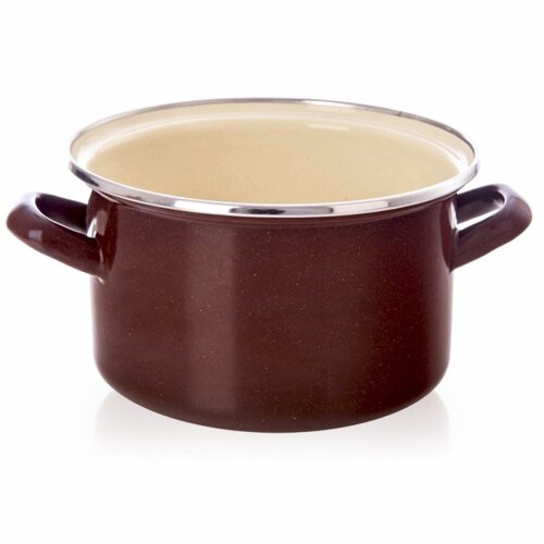 Brązowy garnek emaliowany o pojemności 2 litrów i średnicy 18 cm, z dwoma uchwytami i metalowym rantem. Wnętrze garnka jest w jasnym kolorze.