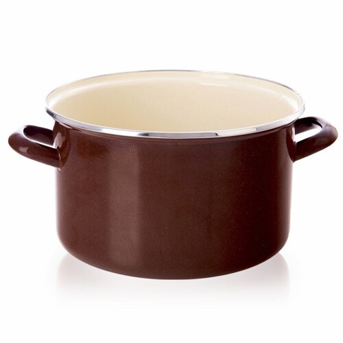 Brązowy garnek emaliowany o pojemności 4 litrów i średnicy 22 cm, z dwoma uchwytami po bokach oraz jasnym wnętrzem. Krawędź garnka jest wykończona metalowym obrzeżem.