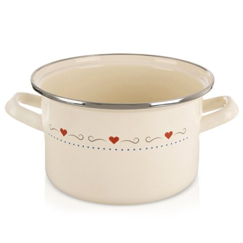 Kremowy garnek emaliowany o pojemności 2 litrów i średnicy 18 cm, ozdobiony wzorem z czerwonymi sercami i niebieskimi kropkami, posiada dwa uchwyty oraz metalowy rant.