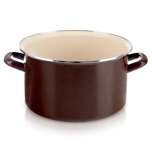 Brązowy garnek emaliowany o pojemności 8 litrów i średnicy 28 cm, z dwoma uchwytami po bokach oraz jasnym wnętrzem. Krawędź garnka jest wykończona metalowym obrzeżem.