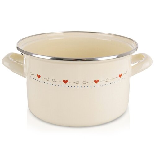 Kremowy garnek emaliowany o pojemności 4 litrów i średnicy 22 cm, ozdobiony wzorem z czerwonymi sercami i niebieskimi kropkami, posiada dwa uchwyty i metalowy rant.