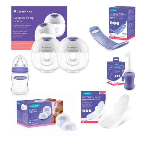 Zestaw LANSINOH Laktator Hands-Free Podwójny 9-fazowy + Poporodowa buteleczka do podmywania Pericare 360 ml + Wkładka żelowa poporodowa Pericare 12 szt. + Podpaski poporodowe M (12 szt.) + Wkładki laktacyjne (100 szt.) + Woreczki do przechowywania pokarmu (50 szt.) + Butelka NaturalWave Teat 160 ml Przezroczysto-fioletowy