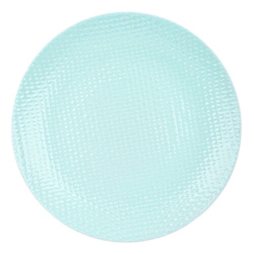 Zielony, ceramiczny talerz deserowy o średnicy 21 cm z widoczną fakturą w formie drobnych wypukłości na całej powierzchni. Tło zdjęcia jest białe.