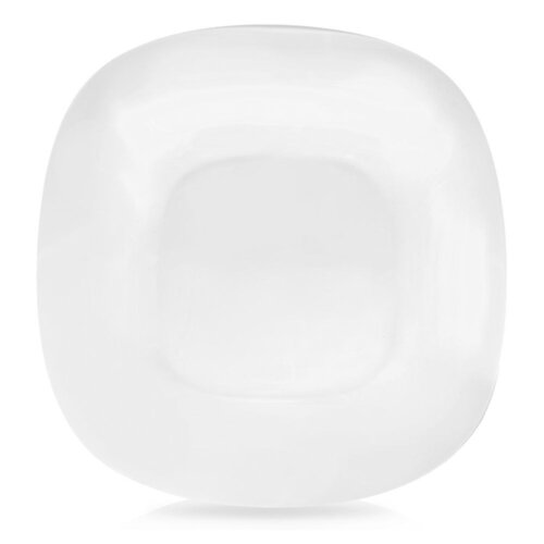 Szklany talerz deserowy o kwadratowym kształcie z zaokrąglonymi rogami, w kolorze białym, o średnicy 20 cm. Powierzchnia talerza jest gładka i błyszcząca.