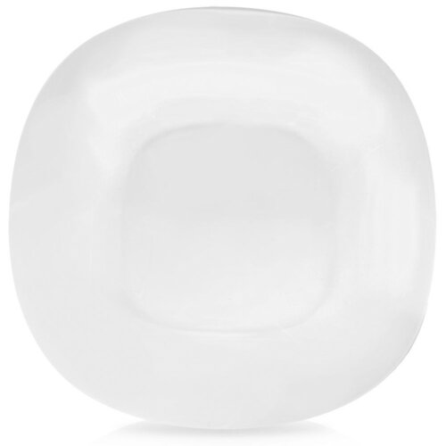 Szklany talerz obiadowy o płaskim kształcie i średnicy 26,5 cm, o gładkiej, przezroczystej powierzchni. Produkt ma delikatnie zaokrąglone krawędzie.