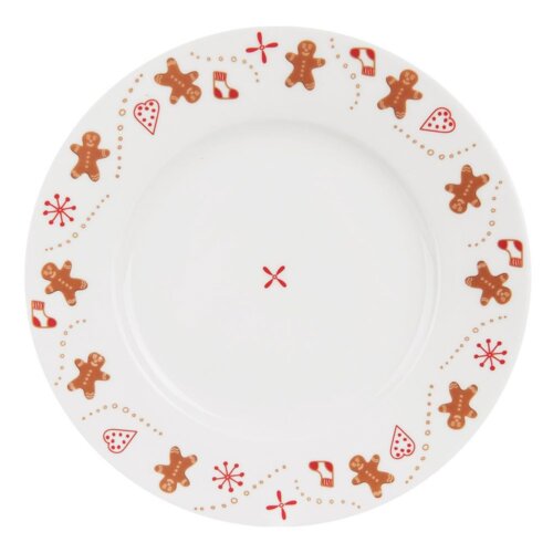 Porcelanowy talerz deserowy o średnicy 20 cm, ozdobiony wzorami w kształcie pierników, serc, skarpet i śnieżynek w kolorach brązowym i czerwonym, z centralnym czerwonym motywem.