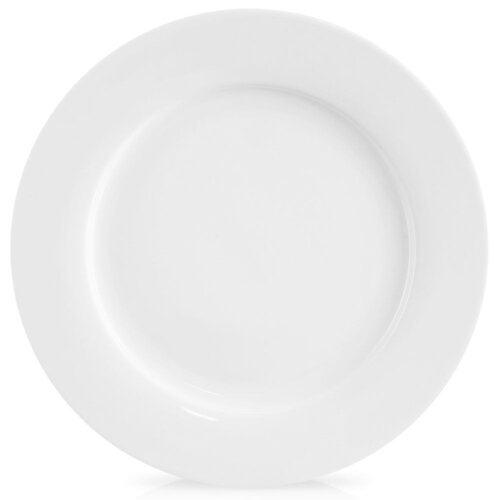 Na zdjęciu widoczny jest biały, porcelanowy talerz obiadowy o płaskim kształcie i średnicy 27 cm. Talerz ma gładką powierzchnię i szeroki rant.