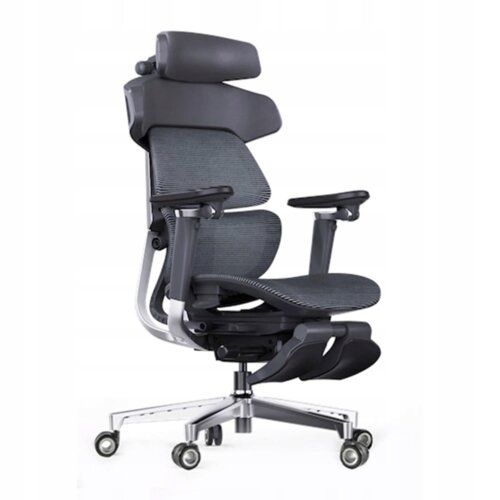 Ergonomiczny fotel biurowy w kolorze czarnym, wykonany z siatki i skóry naturalnej, posiada regulowane podłokietniki, zagłówek oraz podstawę na kółkach. Konstrukcja fotela jest nowoczesna, z metalowymi elementami i wyprofilowanym oparciem.