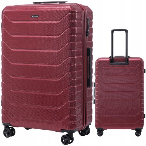 Duża i mała czerwona walizka z teksturą, każda z czterema obrotowymi kółkami i wysuwanym uchwytem. Na większej walizce widoczne jest logo z napisem "WINGS".