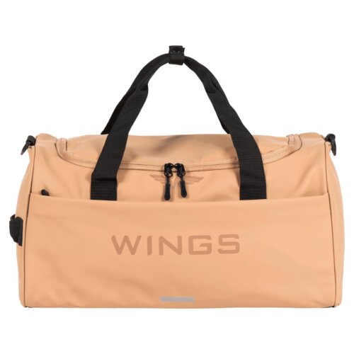 Beżowa torba sportowa z czarnymi uchwytami i zamkiem błyskawicznym, na której widnieje napis "WINGS". Torba ma prostokątny kształt i jest oznaczona jako wodoodporna.