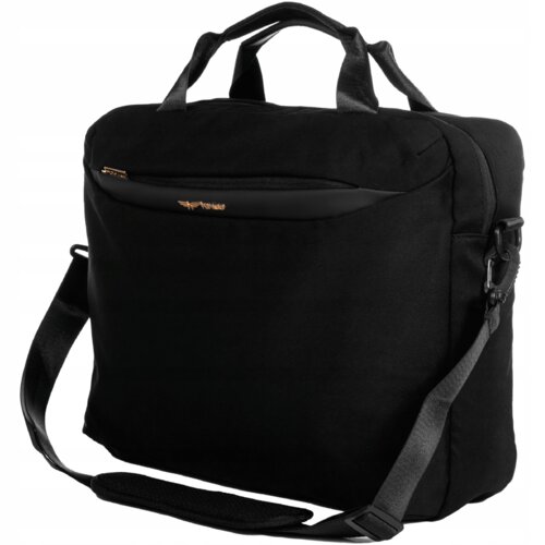 Czarna torba na laptopa z dwoma uchwytami i regulowanym paskiem na ramię, posiada złoty zamek błyskawiczny oraz widoczne logo "WINGS" na przedniej kieszeni. Torba ma prosty, elegancki design i jest przeznaczona na laptopy o przekątnej 15,6 cala.