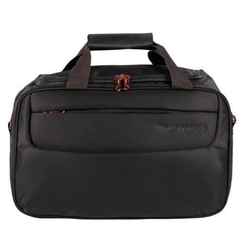 Szara torba podróżna z dwoma uchwytami i zamkiem błyskawicznym, na której widoczne jest logo "WINGS". Torba ma prostokątny kształt i gładką powierzchnię.