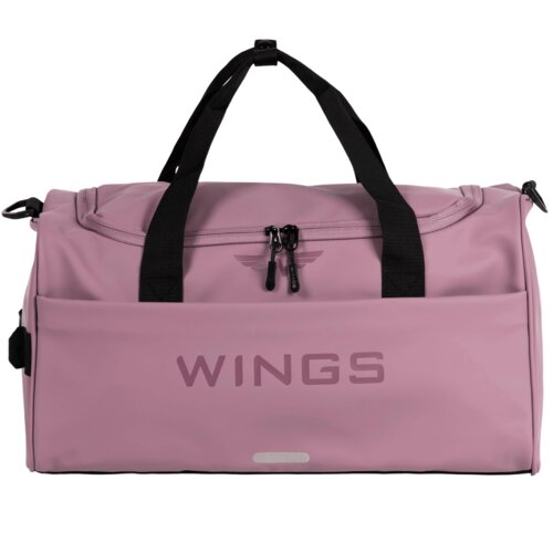 Na zdjęciu widoczna jest różowa torba podróżna z czarnymi uchwytami i zamkami błyskawicznymi. Na przedniej stronie torby znajduje się napis "WINGS" oraz logo w kształcie skrzydeł.