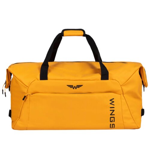 Żółta, duża torba sportowo-podróżna z czarnymi uchwytami i zamkami, z widocznym logo "WINGS" oraz napisem "WINGS" na boku. Torba ma prostokątny kształt i jest wodoodporna.