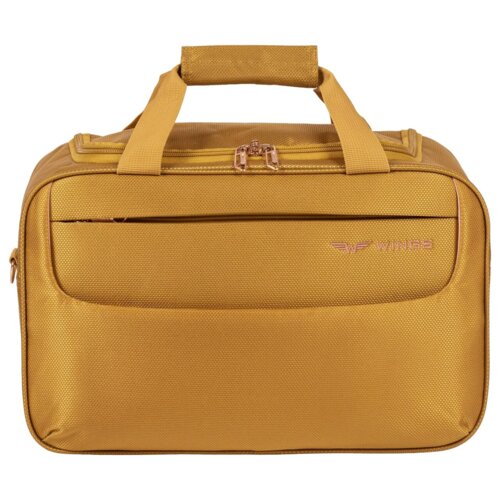 Żółta torba podręczna o pojemności 20 litrów z widocznym logo "WINGS" na przedniej kieszeni, posiada dwa uchwyty i zamek błyskawiczny na górze. Materiał wygląda na wytrzymały, a torba ma prostokątny kształt.