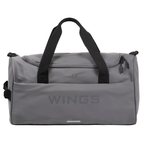 Szara torba podróżna z czarnymi uchwytami i zamkami błyskawicznymi, z przodu widoczne jest logo z literą "W" oraz napis "WINGS". Torba ma prostokątny kształt i gładką powierzchnię.