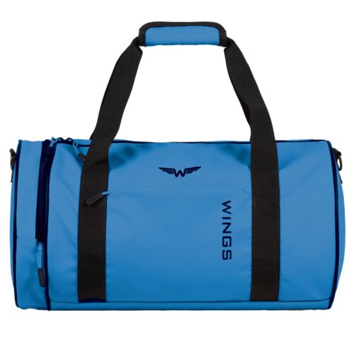 Niebieska torba sportowa z czarnymi uchwytami i paskiem na ramię, z widocznym logo "WINGS" oraz napisem "WINGS" wzdłuż boku. Torba posiada zamek błyskawiczny i jest wodoodporna.