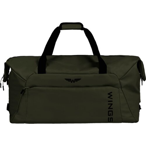Duża, zielona torba podróżna z czarnymi uchwytami i paskiem, z widocznym logo "W" oraz napisem "WINGS" na przedniej kieszeni. Torba ma prostokątny kształt i jest wykonana z wodoodpornego materiału.