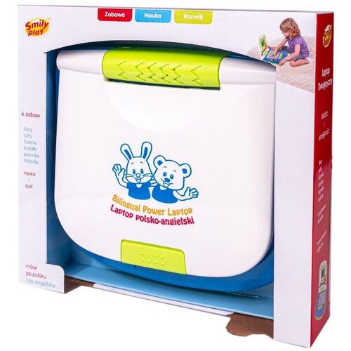 Opakowanie zabawki "Zabawka laptop SMILY PLAY Dwujęzyczny 808464" przedstawia biały laptop z niebieskim rysunkiem królika i misia oraz napisem "Bilingual Power Laptop Laptop polsko-angielski". Na opakowaniu widnieją napisy: "Zabawa", "Nauka", "Rozwój", a także informacje o funkcjach, takich jak "6 zabaw", "nauka", "quiz", oraz "mówi po polsku i po angielsku".