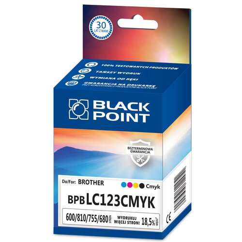 Zestaw tuszy BLACK POINT do Brother LC-123 Czarny 18 ml, Błękitny 10.5 ml, Purpurowy 10.5 ml, Żółty 10.5 ml BPBLC123CMYK