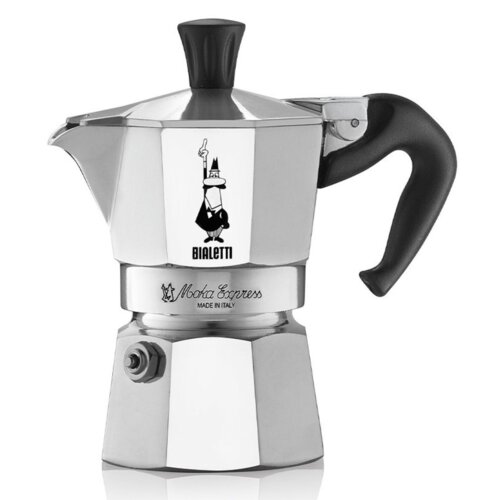 Srebrno-czarna kawiarka z logo Bialetti i rysunkiem postaci, z napisem "Moka Express Made in Italy" na dolnej części. Produkt ma charakterystyczny ośmiokątny kształt i czarny uchwyt.