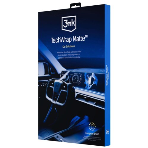 Niebieskie opakowanie produktu z logo "3mk" na górze, zawiera napis "TechWrap Matte™ Car Solutions" oraz informacje w kilku językach dotyczące folii ochronnej. Na dole widnieje symbol telefonu z napisem "European brand" oraz informacja "European product, Nie ma europejskiego producenta".