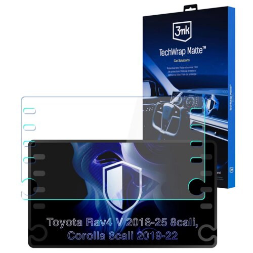 Opakowanie produktu z logo "3mk" i napisem "TechWrap Matte™ Car Solutions" oraz grafiką wnętrza samochodu. Na przezroczystej folii widnieje tekst: "Toyota Rav4 V 2018-25 8 cali, Corolla 8 cali 2019-22".