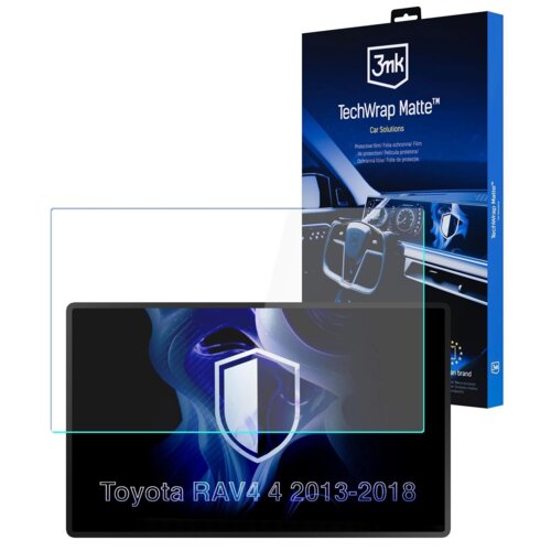Opakowanie produktu z logo "3mk" i napisem "TechWrap Matte™ Car Solutions" oraz zdjęciem wnętrza samochodu. Na dole widoczny jest ekran z grafiką tarczy i tekstem "Toyota RAV4 4 2013-2018".