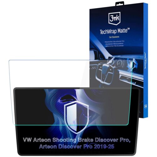 Opakowanie produktu z logo "3mk" i napisem "TechWrap Matte™ Car Solutions" oraz przezroczysta folia ochronna na ekran. Na dole widoczny jest tekst: "VW Arteon Shooting Brake Discover Pro, Arteon Discover Pro 2019-25".