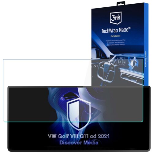 Opakowanie produktu z napisem "3mk TechWrap Matte™ Car Solutions" oraz zdjęciem wnętrza samochodu. Na dole widoczny jest tekst: "VW Golf VIII GTI od 2021 Discover Media".