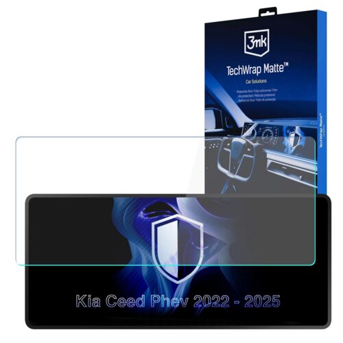 Opakowanie produktu z napisem "3mk TechWrap Matte™ Car Solutions" oraz grafiką wnętrza samochodu, obok przezroczysta folia ochronna i czarny panel z napisem "Kia Ceed Phev 2022 - 2025" oraz symbolem tarczy.
