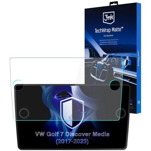 Opakowanie produktu z logo "3mk" i napisem "TechWrap Matte™ Car Solutions" oraz grafiką wnętrza samochodu. Przed opakowaniem znajduje się przezroczysta folia ochronna z napisem "VW Golf 7 Discover Media (2017-2023)" i grafiką tarczy.