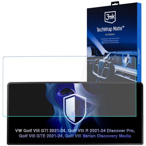 Opakowanie produktu z logo "3mk TechWrap Matte" oraz grafiką wnętrza samochodu. Na dole widoczny jest tekst: "VW Golf VIII GTI 2021-24, Golf VIII R 2021-24 Discover Pro, Golf VIII GTE 2021-24, Golf VIII Varian Discovery Media".
