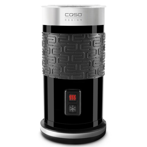 Cylindryczny spieniacz do mleka z czarną, teksturowaną powierzchnią i srebrnym wykończeniem na górze, z widocznym logo "CASO DESIGN". Na przedniej części urządzenia znajdują się dwa przyciski z symbolami pary i płatka śniegu.