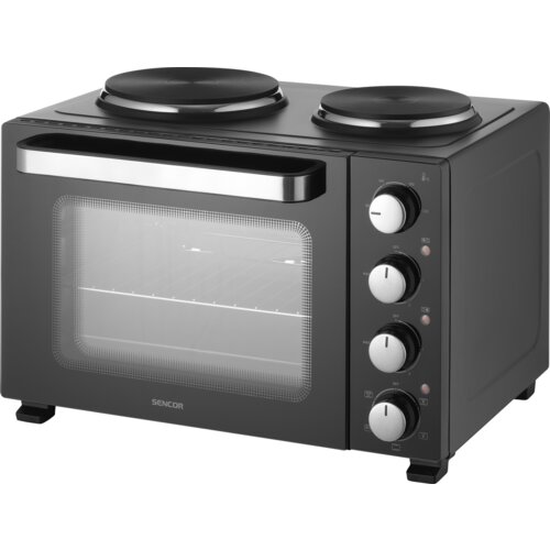 Czarny mini piekarnik z dwoma pokrętłami na górze i czterema pokrętłami z boku. Widoczne logo SENCOR na przedniej szybie.