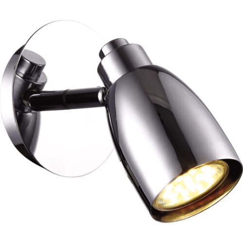 Kinkiet ścienny spot metal chrom LED z okrągłą podstawą i reflektorem w kształcie stożka, emitujący ciepłe światło.