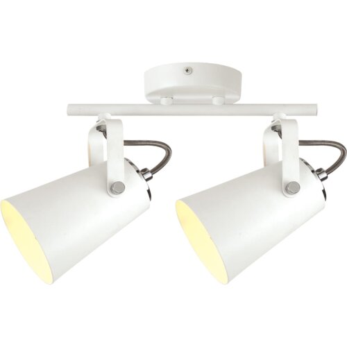 Biały chromowany kinkiet z dwoma stożkowymi kloszami zamontowanymi na poziomej belce, z widocznymi elementami mocującymi i przewodami.