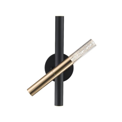 Nowoczesny kinkiet LED z dwoma tubami, jedna w kolorze czarnym, druga w kolorze złotym z przezroczystym zakończeniem, zamontowany na okrągłej podstawie.