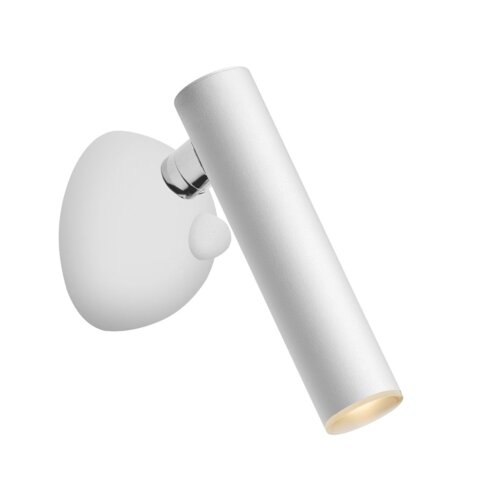 Biały kinkiet ledowy o nowoczesnym designie z cylindrycznym kloszem i okrągłą podstawą montażową. Kinkiet posiada chromowane elementy łączące klosz z podstawą.