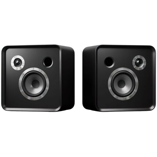 Dwie czarne kolumny głośnikowe z widocznymi głośnikami i srebrnymi elementami. Na jednej z kolumn widoczny napis: 'BLACKMORE CORE'.