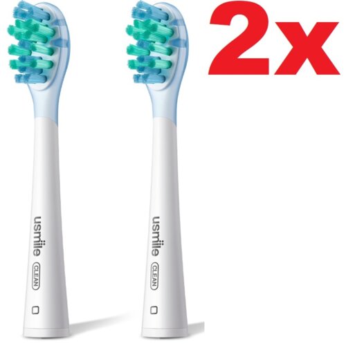 Dwie końcówki szczoteczki z napisem 'usmile CLEAN' oraz czerwony napis '2x'.