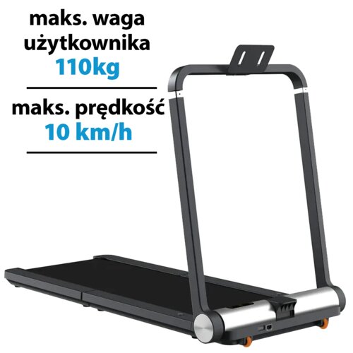 Na zdjęciu znajduje się bieżnia elektryczna z czarną powierzchnią do biegania i szarymi elementami konstrukcyjnymi. Obok bieżni widoczny jest tekst: "maks. waga użytkownika 110kg, maks. prędkość 10 km/h".