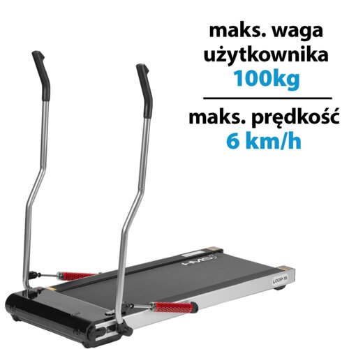 Na zdjęciu znajduje się bieżnia elektryczna z metalowymi uchwytami i czarną powierzchnią do biegania, z widocznym logo "HMS" oraz napisem "LOOP 15". Obok bieżni widnieje tekst: "maks. waga użytkownika 100kg, maks. prędkość 6 km/h".
